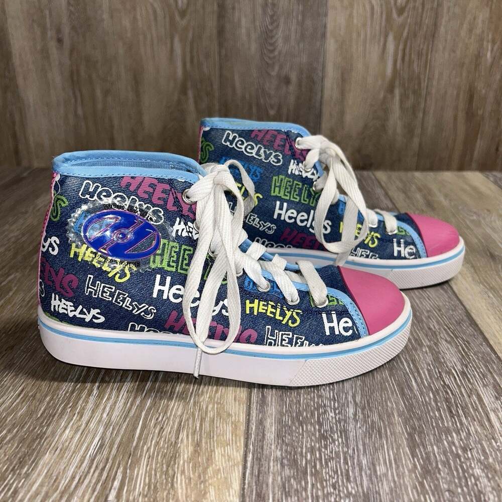 Heelys Veloz Girls Blue Denim Pink High Top Youth US Size 2 100908 Roller Shoes